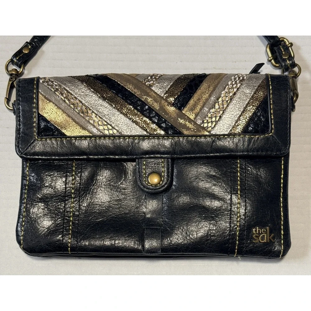 THE SAK Black Leather Crossbody Evening Bag Purse Gold Metallic Snakeskin